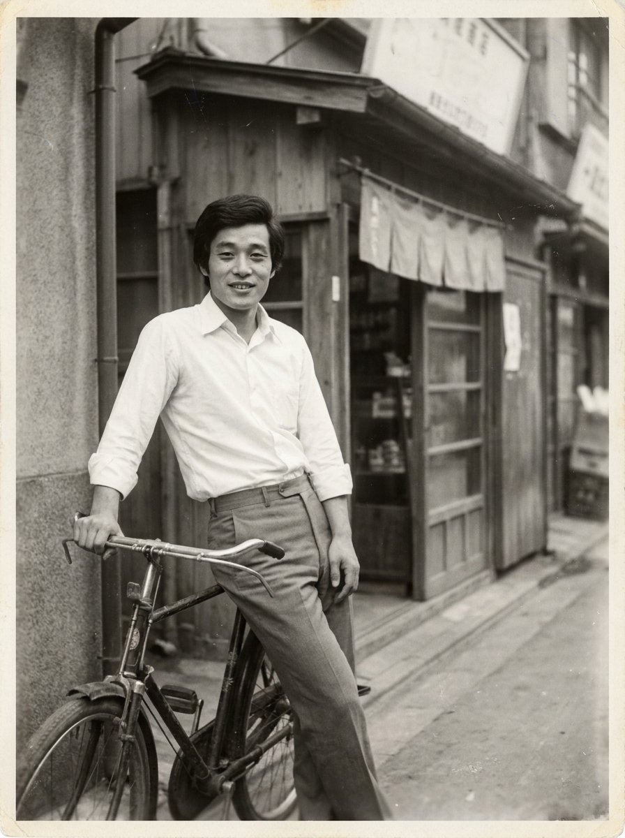 AIが作った、自転車と商店街での若い頃の一枚